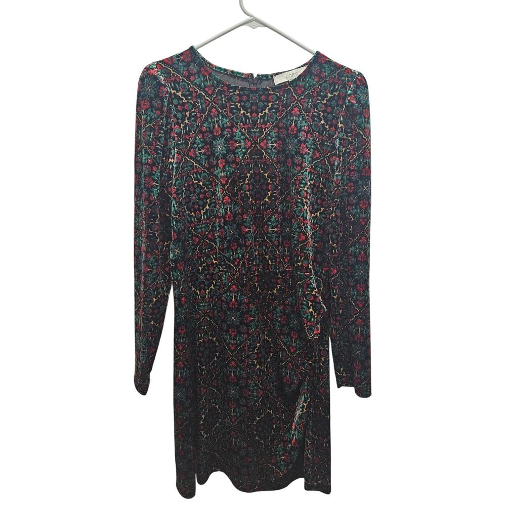 Loft Velvet Christmas Holiday Floral Holly Shift Dress Sz 10 Red Green Gold LS